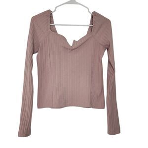 Free People Medium Mauve Ribbed Notched Square Neck Puff Long Sleeve Crop Top